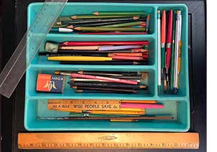 HJT's Pens, Pencils, Erasers in plastic cutlery case